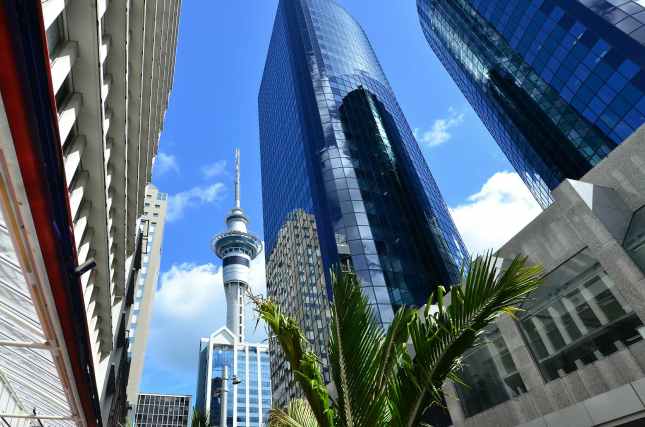 The Sky tower in Auckland New Zealand cityscape.