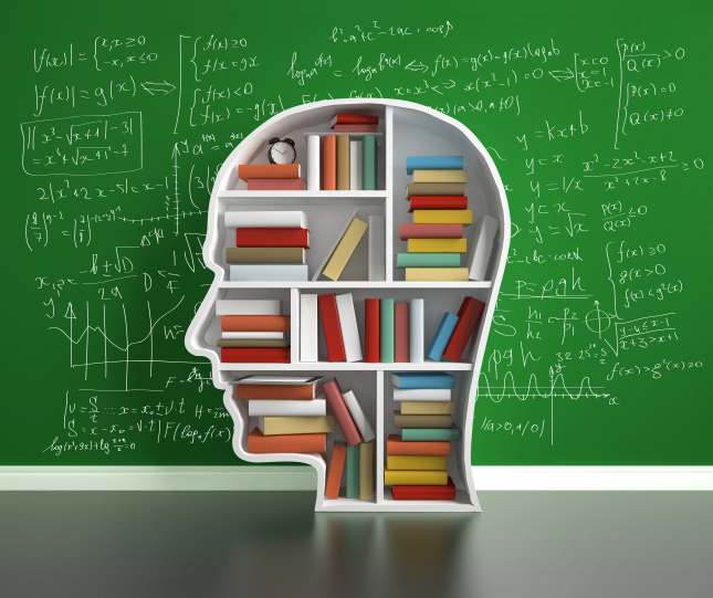 education concept, bookshelf head with colored book