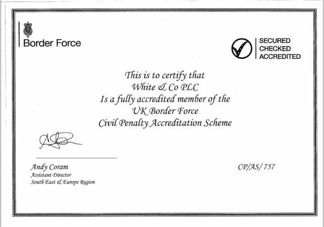 UK Border Force Civil Penalty Accreditation Scheme Certificate 
