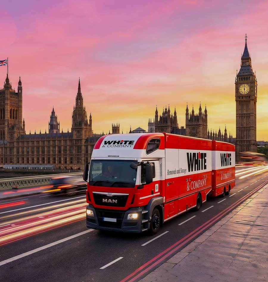 A White & Company removal lorry crossing Westminster Bridge at sunset, with the Houses of Parliament behind