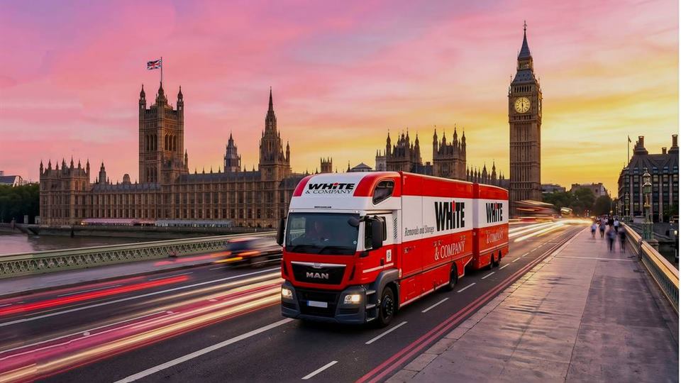 A modern White & Company removal lorry crossing Westminster Bridge at sunset